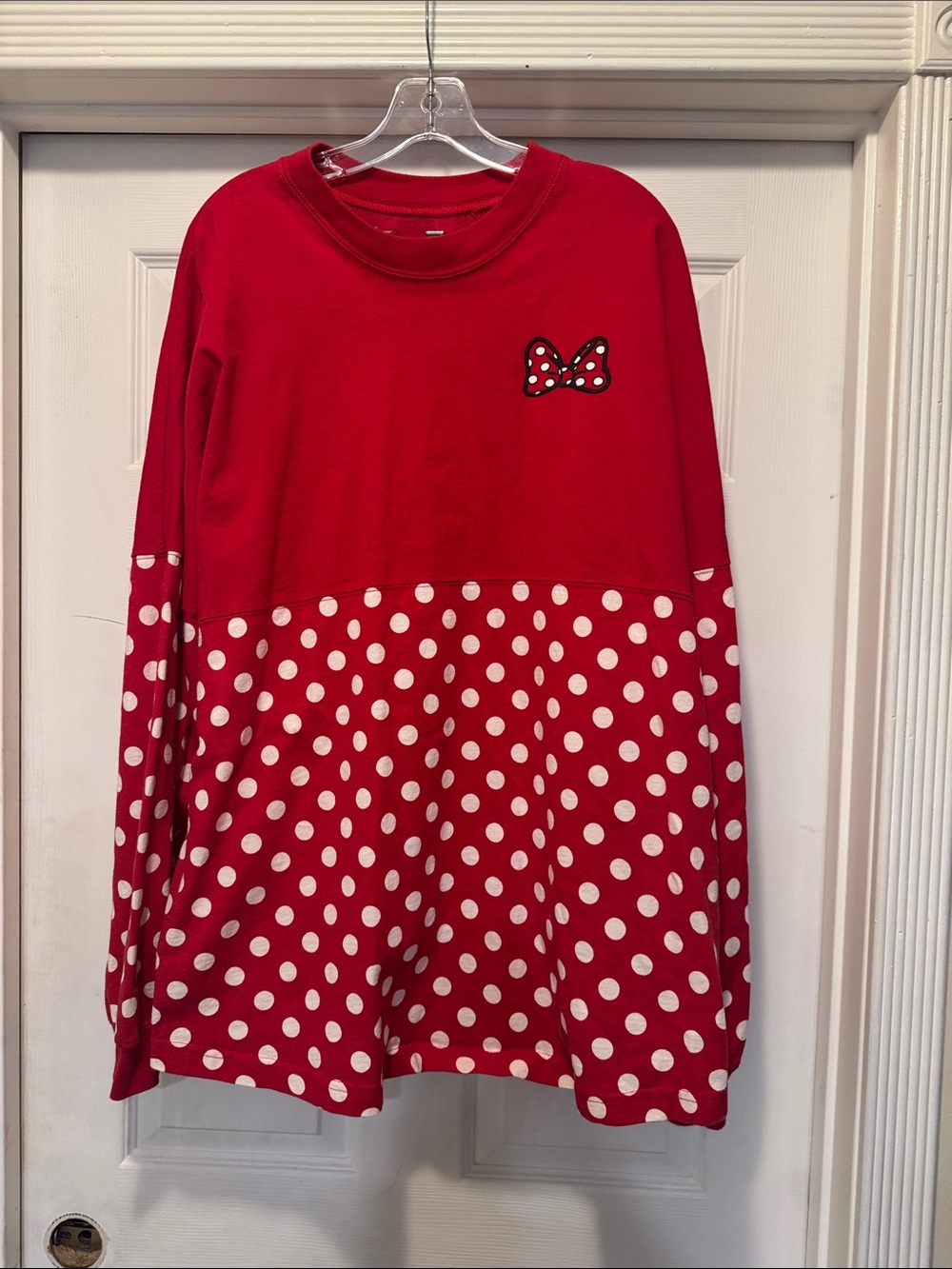 Disney Minnie Mouse Spirit Jersey, Red Polka Dot Long Sleeve Top with Bow Accent